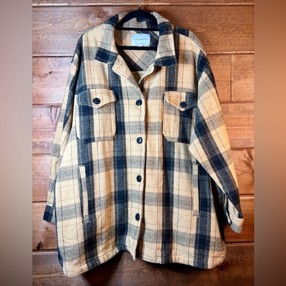 Lucky Brand Jackets & Blazers - Lucky Brand Plaid Shacket Jacket Oversized Button Front Tan Black XL Cozy